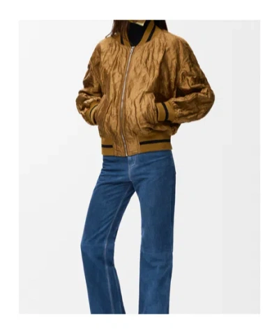 Loewe Womens Toffee Crinkled-texture Striped-trim Woven Bomber Jacket In Neutral