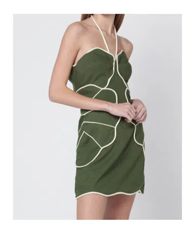 Farm Rio Green Wavy Trim Halter Neck Lenzing Ecovero Euroflax Mini Dress