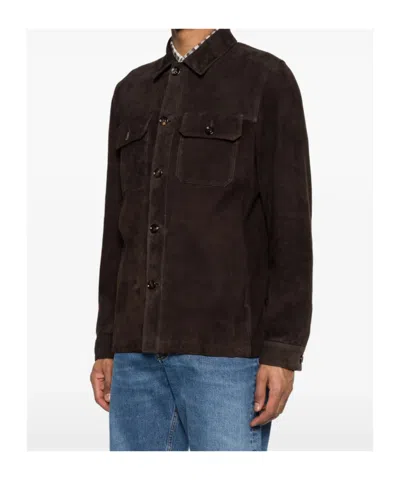 Moorer Brown Solid Shirt Collar Jacket In Burgundy