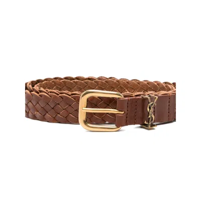 Saint Laurent Cassandre Rectangular Buckle Belt In Brown