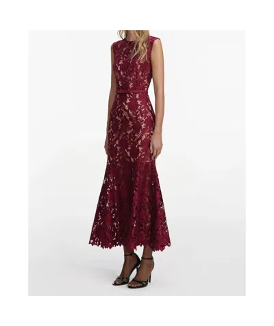 Self-portrait Fitted Guipure Lace Midi Dress With Removable Belt In Red