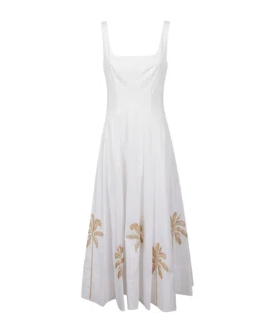 Staud Wells Pleated Printed Cotton-blend Poplin Midi Dress In White