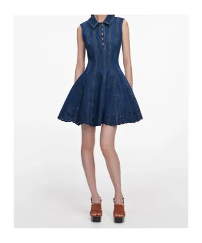 Self-portrait Paneled Broderie Anglaise Denim Mini Dress In Blue