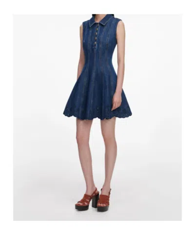 Self-portrait Paneled Broderie Anglaise Denim Mini Dress In Blue