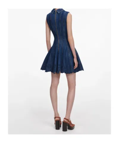 Self-portrait Paneled Broderie Anglaise Denim Mini Dress In Blue