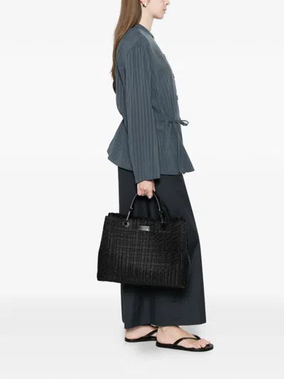 Emporio Armani Myea Small Shopper Bag In Woven Nylon In Black