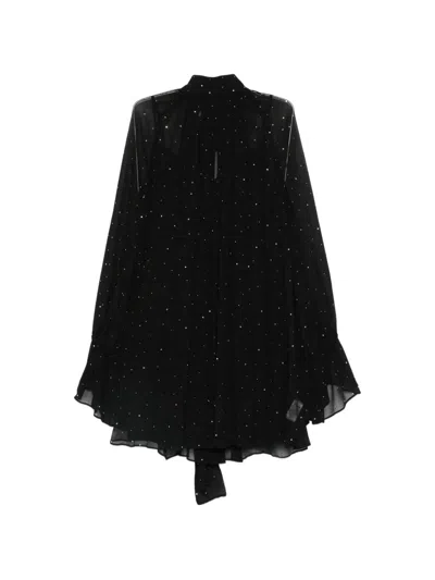 Staud Roux Crystal-embellished Gathered Crepon Mini Dress In Black