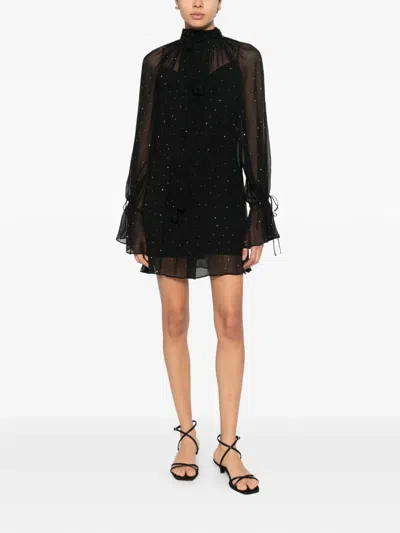 Staud Roux Crystal-embellished Gathered Crepon Mini Dress In Black