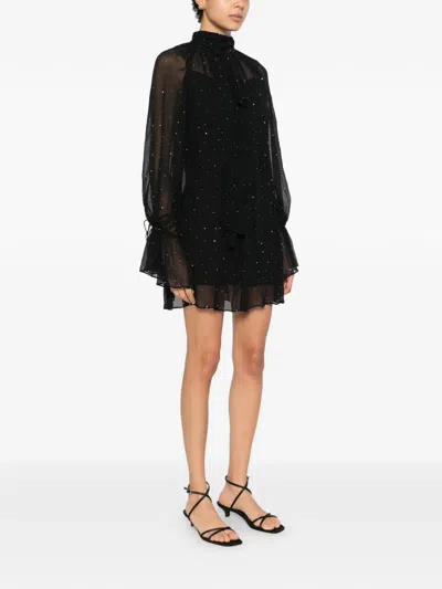 Staud Roux Crystal-embellished Gathered Crepon Mini Dress In Black