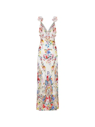 Camilla V Neck Bias Slip Dress With Back Frill In Multi