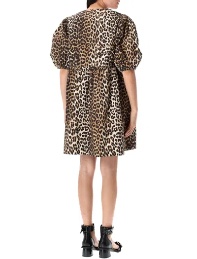 Ganni Brown Leopard Printed Cotton Tie String Minidress In 943 Leopard