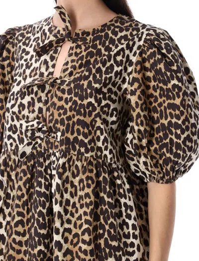 Ganni Brown Leopard Printed Cotton Tie String Minidress In 943 Leopard