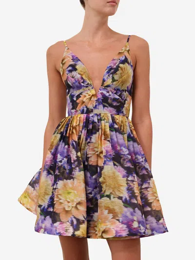 Zimmermann Luna Gathered Floral-print Linen And Silk-blend Mini Dress In Blue
