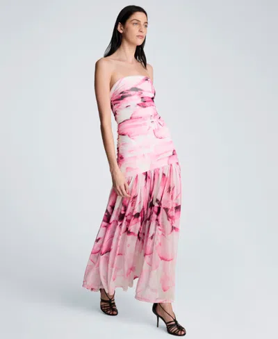 Kenneth Cole Printed Mesh Strapless Maxi Dress In Pink