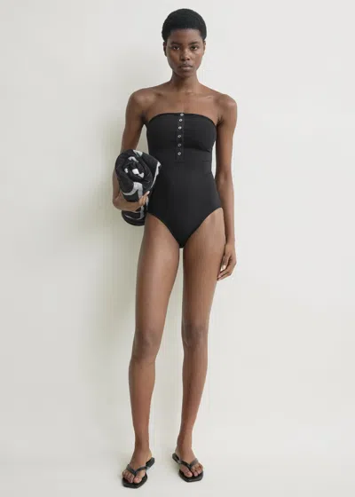 Totême Dark Green Ribbed Stretch Jersey Strapless One-piece Swimsuit In Gray
