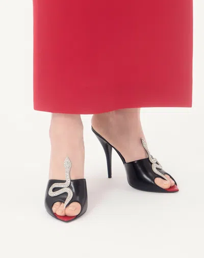Valentino Garavani 105mm Strass Snake Leather Mule Pumps In Black