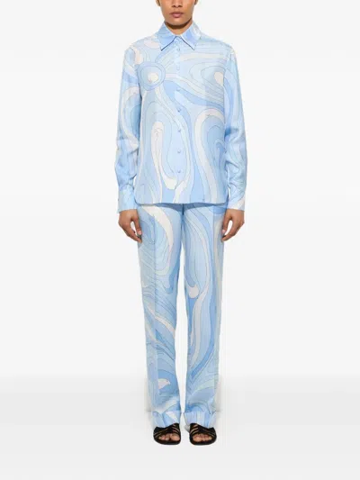 Pucci Marmo-print Silk Pants In Blue