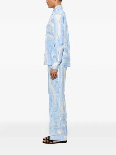 Pucci Marmo-print Silk Pants In Blue