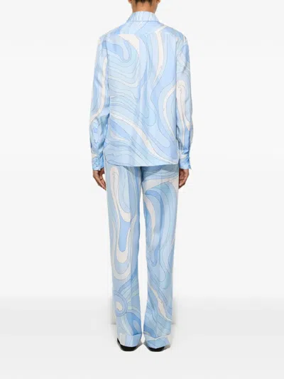 Pucci Marmo-print Silk Pants In Blue