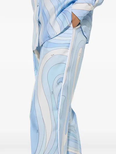 Pucci Marmo-print Silk Pants In Blue