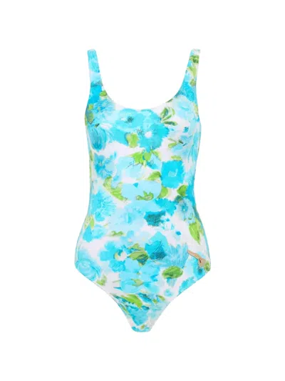 Chloé White And Blue Aqua Flower-print Lycra One-piece Swimsuit In Blue