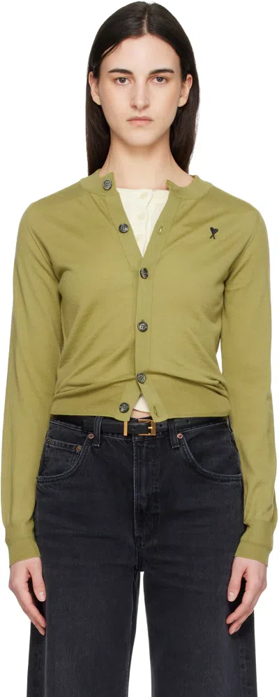 Ami Alexandre Mattiussi Green Wool Crewneck Ami De Coeur Cardigan Green In Gold