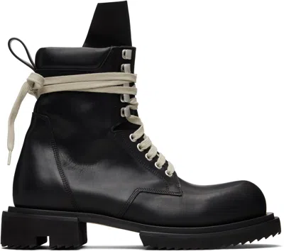 Rick Owens Low Army Black Ankle Boots With Decorative Oversize Laces And Lug Sole In Leather Man In Black