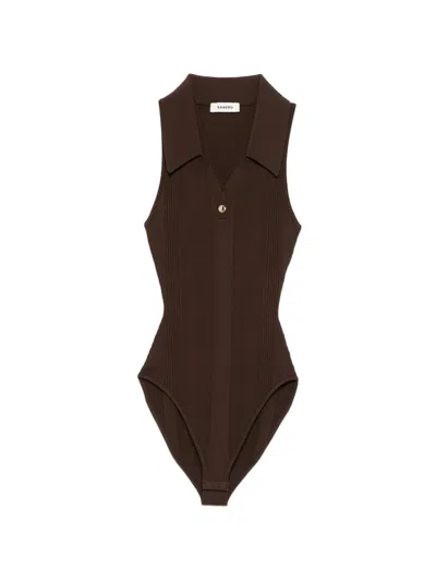 Sandro Womens Brown Ribbed Polo-collar Knitted Bodysuit