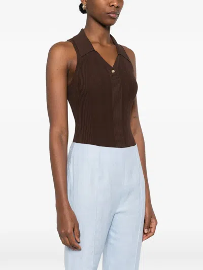 Sandro Womens Brown Ribbed Polo-collar Knitted Bodysuit