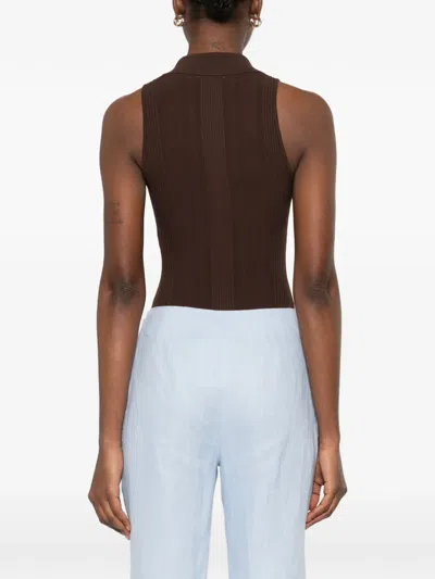 Sandro Womens Brown Ribbed Polo-collar Knitted Bodysuit