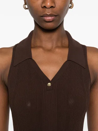 Sandro Womens Brown Ribbed Polo-collar Knitted Bodysuit