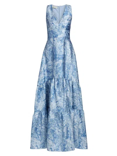 Sachin & Babi Rori Floral Sleeveless Tiered Mikado Gown In Blue