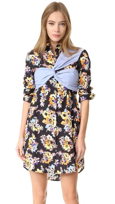 Msgm Floral-print Twisted-panel Cotton Shirtdress In Black