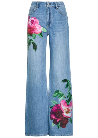 Alice And Olivia Chic High Rise Full Length Rose Print Jeans In Denver Bright Blue