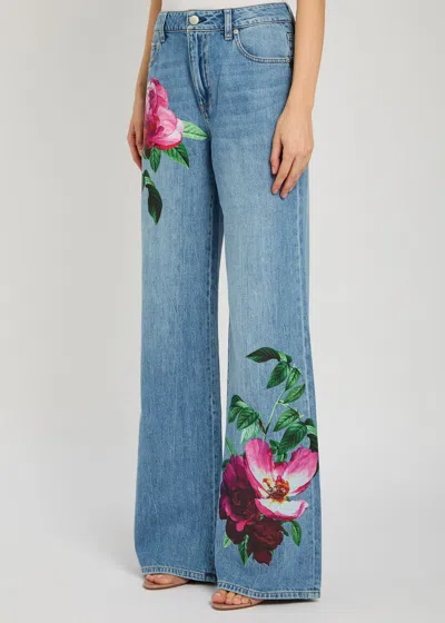 Alice And Olivia Chic High Rise Full Length Rose Print Jeans In Denver Bright Blue