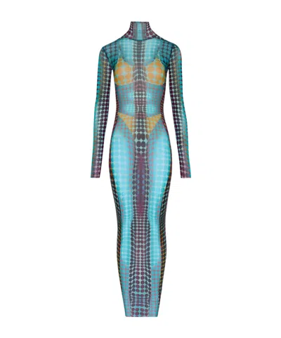 Jean Paul Gaultier High Neck Multicolored Polka Dot Maxi Dress In Blue