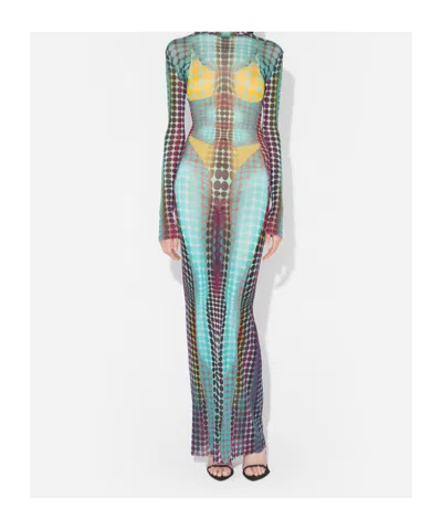Jean Paul Gaultier High Neck Multicolored Polka Dot Maxi Dress In Blue