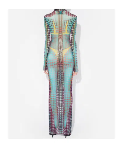 Jean Paul Gaultier High Neck Multicolored Polka Dot Maxi Dress In Blue