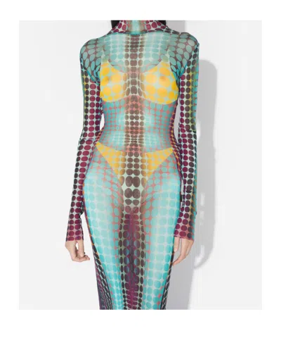 Jean Paul Gaultier High Neck Multicolored Polka Dot Maxi Dress In Blue