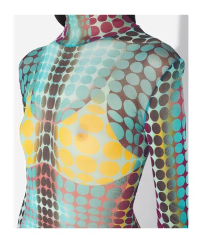 Jean Paul Gaultier High Neck Multicolored Polka Dot Maxi Dress In Blue