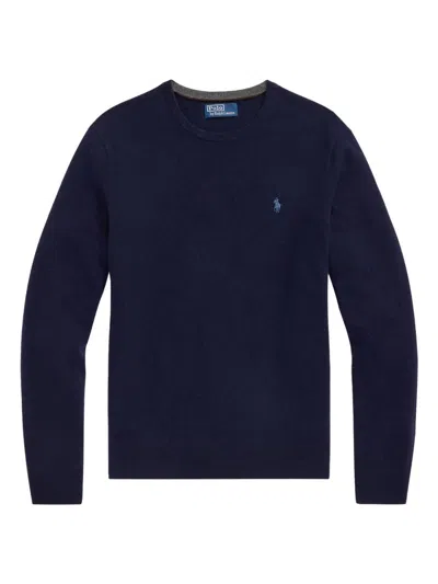 Polo Ralph Lauren Merino Wool Crew Neck Sweater With Embroidered Logo And Ribbed Detailing In Blue