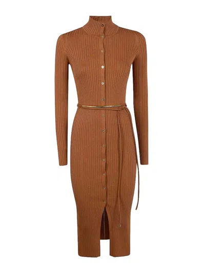 Elisabetta Franchi Dress In Openwork Knit Fabric With Jewel Belt In Brown