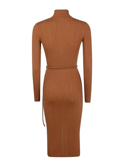 Elisabetta Franchi Dress In Openwork Knit Fabric With Jewel Belt In Brown