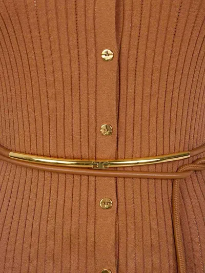 Elisabetta Franchi Dress In Openwork Knit Fabric With Jewel Belt In Brown