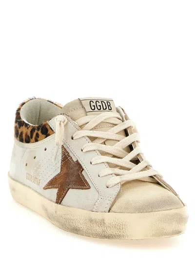 Golden Goose Super-star Sneakers In Suede With Worn Effect And Leopard Print Hairy Cow In White