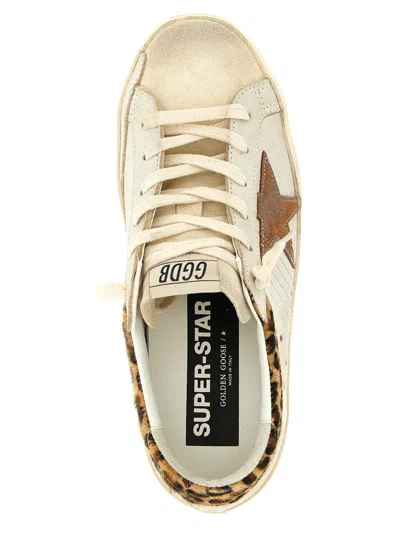Golden Goose Super-star Sneakers In Suede With Worn Effect And Leopard Print Hairy Cow In White