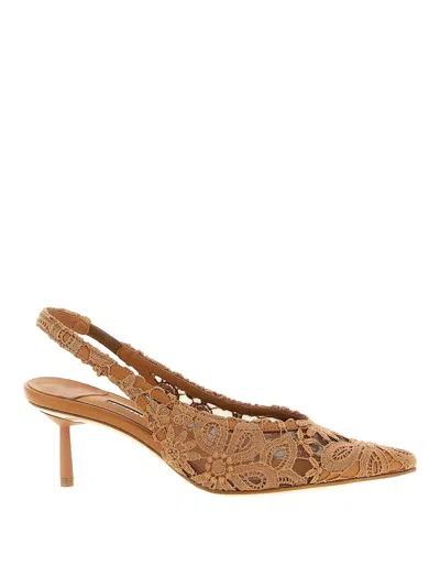 Le Silla Chantilly Slingback Pumps Lace Floral Kitten In Brown