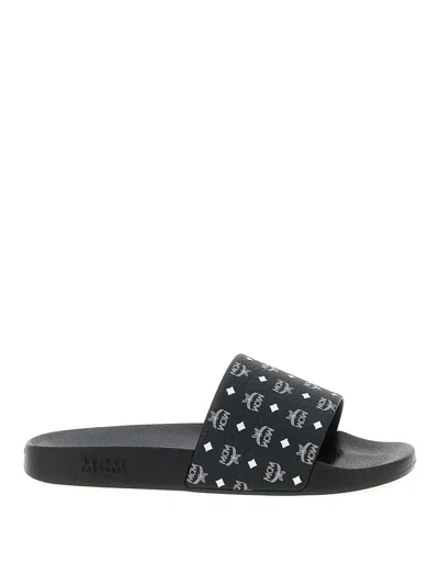 Mcm Monogram Print Rubber Slides In Black
