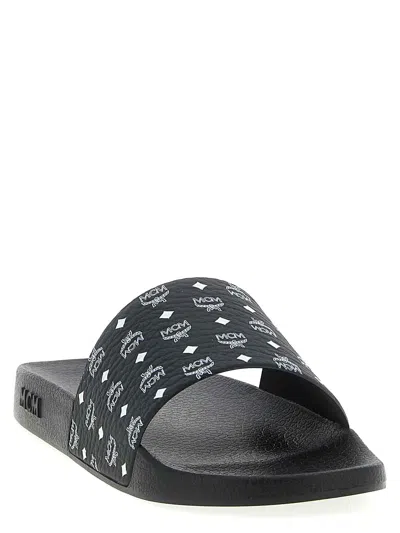 Mcm Monogram Print Rubber Slides In Black