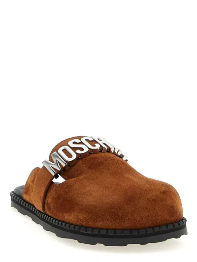 Moschino Suede Open Toe Flat Sole Slides In Brown
